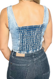 Back of a square neckline acid washed denim tank top, backing is an elastic smock. 