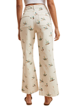 Cream mallard print wide leg cropped jeans in stretch denim with high rise fit and back patch pockets.