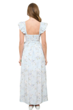 Back of light blue floral maxi dress with ruffle straps and smocked back