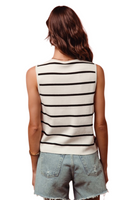 back of a short sleeve black and white striped sweater tank top paired with light blue distressed jean shorts 