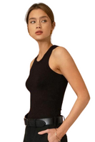 Side picture of a woman wearing a ribbed round neck basic tank top 