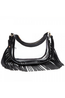 clear crossbody purse with black vegan leather trim and fringe detailing at the bottom of the purse.