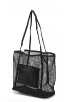 black netted beach tote bag, bottom of bag is enforced and there is a black internal side pocket 