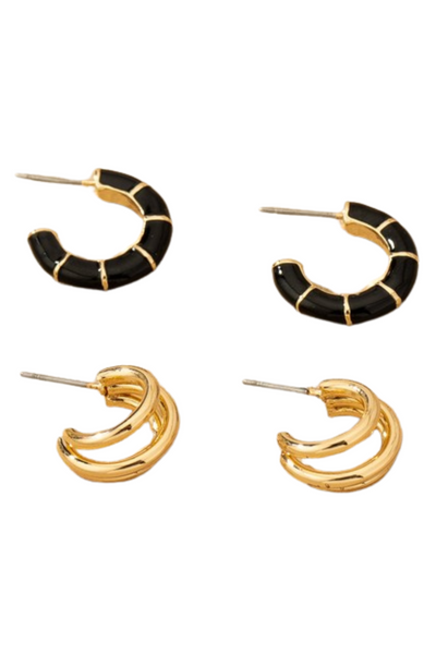 A pair of black and gold hoops alongside a pair of triple hoop earrings