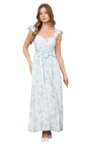 Floral maxi dress in light blue with ruffle straps, smocked back, and front slit. A perfect occasion dress for weddings and summer events.