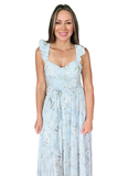 Front view of a light blue floral maxi dress with ruffle shoulder straps, sweetheart neckline, fitted bodice, tie waist detail, and flowy skirt in a soft feminine print.