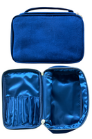 Velvet Blue Cosmetic Travel Bag with handle, another picture of the bag open- satin lining with 7 brush holders