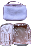 Velvet Blush Cosmetic Travel Bag with handle, another picture of the bag open- satin lining with 7 brush holders