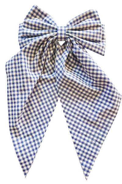 Grayish-blue and white checkered oversized hair bow with long ribbon tails, secured with a French style clip. A girly gingham accessory perfect for game day outfits.