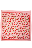 Cherry print bandana scarf with a soft pink background and red border, featuring an allover pattern of red cherries and green leaves.