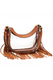 clear crossbody purse with camel vegan leather trim and fringe detailing at the bottom of the purse.