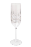 A clear cut-crystal champagne flute with a geometric starburst pattern on the bowl and a slender stem, shown against a plain white background.