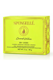 A box of Spongellé Coconut Verbena foot buffer, featuring a bright lime green packaging with gold decorative borders and text, set against a clean white background with a subtle reflection.
