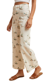 Side view of cream mallard print high rise wide leg cropped jeans in stretch denim with front seam detail.