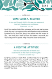 A daily devotional page titled 'DAY 2' with teal decorative header graphics and two text sections labeled 'MORNING' and 'EVENING'. The morning section reads 'COME CLOSER, BELOVED' with scripture reference Ephesians 3:12 NIV, and the evening section reads 'A POSITIVE ATTITUDE' with scripture reference Philippians 4:13 KJV.