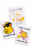 Three Quacks of Kindness duck-themed greeting cards featuring colorful duck illustrations, playful friendship sayings, and adorable 3D yellow duck accents.