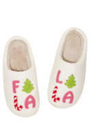 cream colored Christmas slippers featuring: Fa La La La on them, featuring cany canes and Christmas trees 