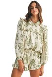 This olive green floral matching set features puff sleeves, ruffle trim shorts, and a lightweight gauze fabric perfect for spring to fall styling.