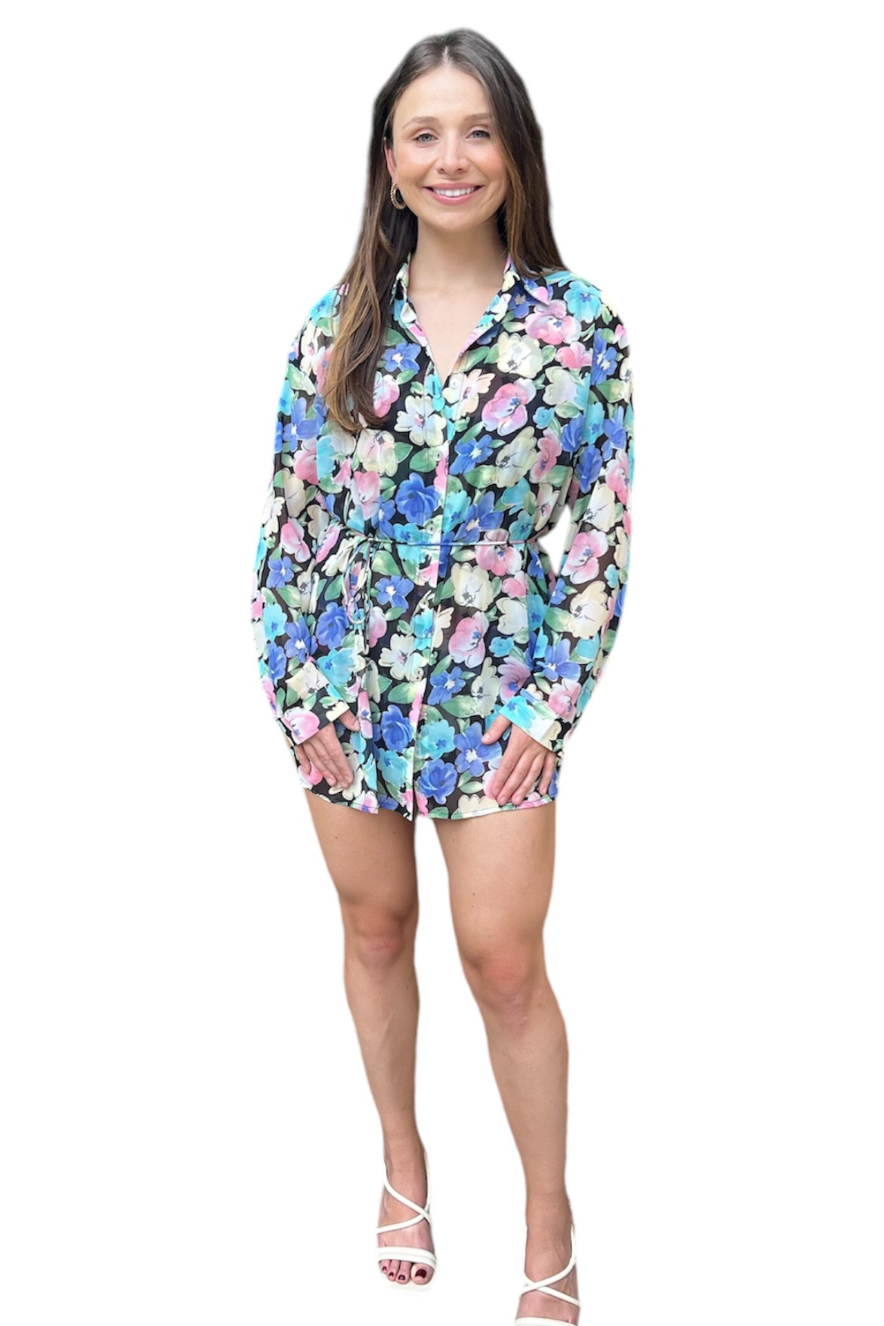 Floral Long-Sleeve Shirt Romper
