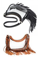 clear crossbody bags with vegan leather trim and fringe at the bottom of the bag. One bag has camel colored leather and fringe, the other purse has black leather trim and fringe 