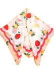 Fruit print bandana scarf featuring strawberries, lemons, and floral accents with decorative border
