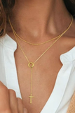 Tarnish free gold cross drop necklace with layered Y chain and delicate circular connector detail