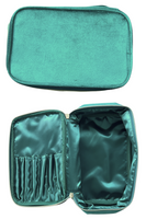 Velvet Emerald Green Cosmetic Travel Bag with handle, another picture of the bag open- satin lining with 7 brush holders