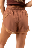Mocha colored high-rise athletic shorts with mesh trim detailing 