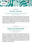 A daily devotional page titled 'DAY 1' with teal wavy line art at the top and two text sections: 'MORNING NO ONE LIKE HIM' and 'EVENING GRACE FOR EVERYTHING', including scripture references and reflection prompts.