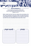 A devotional journal titled 'READ ROMANS 12' with floral blue-and-white border artwork at the top, a short scripture and reflection text, and two lined writing sections labeled 'prayer requests' and 'praises'.