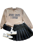 Styled flat lay showing a neutral Jesus Saves I Spend sweatshirt with a black pleated mini skirt, white sneakers, and a black belt bag.
