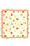 Fruit print bandana scarf featuring strawberries, lemons, and floral accents with decorative border