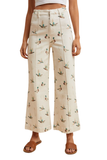 Women’s high rise mallard duck print wide leg cropped jeans in cream stretch denim with structured front seam.