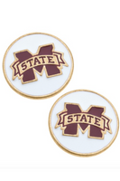 White enamel disc stud earring with gold trim, in the middle of the earring is the Mississippi State M in maroon with a gold banner