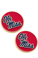 Red enamel disc Ole Miss earrings with gold trim. Ole Miss is in a blue scrip font 