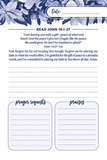 A  prayer journal page with a blue floral border at the top, a Bible verse from John 14:27 in the center, and two lined writing sections labeled 'prayer requests' and 'praises'.