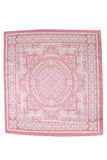 Square pink paisley scarf with intricate white print and decorative edges