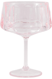 A clear glass cocktail coupe with a light pink tint, featuring a wide, flared bowl with vertical ridges, a slender stem, and a flat circular base, shown on a solid white background.