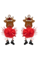 Earrings have reindeer heads wearing a Santa hat, a red glittery pom pom body and black dangling boots 