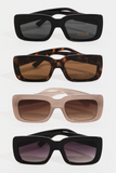 Thick frame rectangle women's sunglasses in 4 different colors. From top to bottom: Black, tortoise shell, tan, and black with gradient lens.