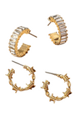 Rhinestone & Gold Barbwire Hoop Earring Set