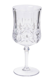 A clear cut-crystal wine glass with a faceted pattern, shown on a solid white background.