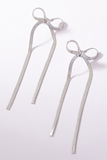 Silver herringbone chain long bow earrings. Earrings are 3.25 inches long by 1.25 inches wide