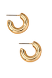 A pair of gold hollow tube puffy hoop earrings with a polished finish, measuring 0.75 inches in diameter on a white background 