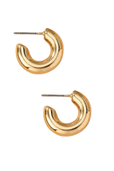 A pair of gold hollow tube puffy hoop earrings with a polished finish, measuring 0.75 inches in diameter on a white background 