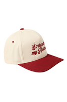 Side view of a 5 panel 2 tone (ivory and maroon) trucker style hat that has "Sorry About My Husband" Embroidered on the front. The embroidery is in maroon stitching that matches the bill.