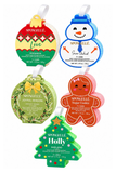 Four Spongellé Christmas-themed body wash bars arranged in a 2x2 grid on a white background: Persimmon Love, Snow Walker, Joyful Season, and Holly Garland. The shapes and colors include red, blue, green, and orange, with festive holiday illustrations and text.