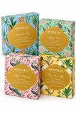 Four Spongellé soap wash boxes arranged in a 2x2 grid on a white background. The boxes feature colorful tropical and nature illustrations with gold oval labels: Lavender Sly (blue with orange tiger and green foliage), Myste Out (mint green with birds and flowers), Apple Blossom (pink with peacocks and flowers), and Pine Apple Sly (yellow with white birds and green leaves).