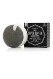 Spongille Men's Super Buffer in a round sponge-like scrubber next to its black and white retail box on a white background.