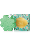 A mint green flower-shaped sponge bar with a white loop, shown next to its decorative teal and gold Spongellé 'Myrtle Oak' packaging box on a white background.